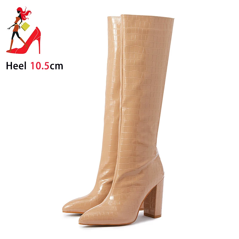 Черные женские сапоги до колена модная мотоциклетная обувь с острым носком