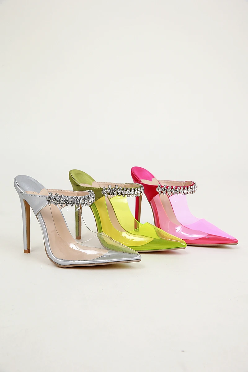 

Luxury Rhinestone Pointed Toe Transparent Stiletto Women's Banquet Shoes PVC Jelly Shoes Woman Thin High Heels Pointed Toe Pink