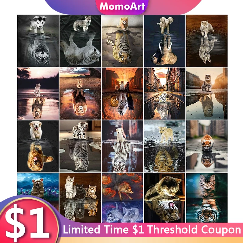 Картина MomoArt в виде кошки искусственная живопись Лев тигр вышивка отражение