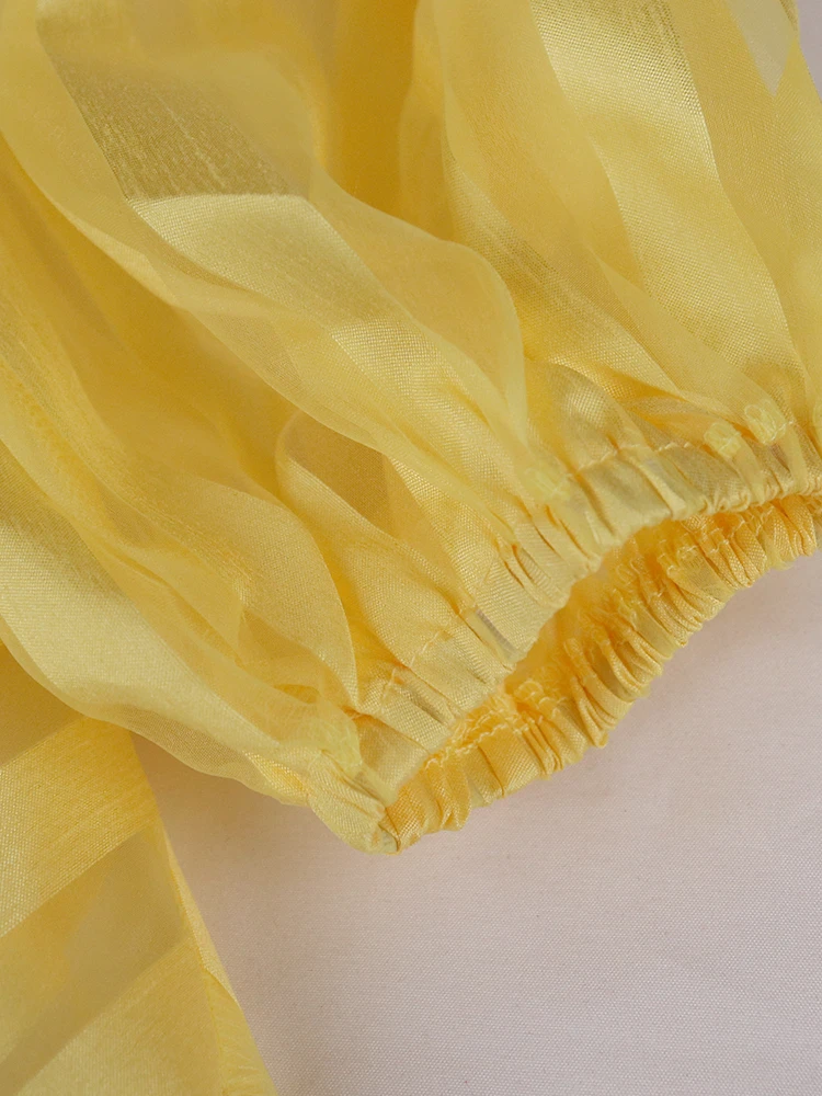 Платье-рубашка летнее прозрачное желтое с длинным рукавом воротником-стойкой -
