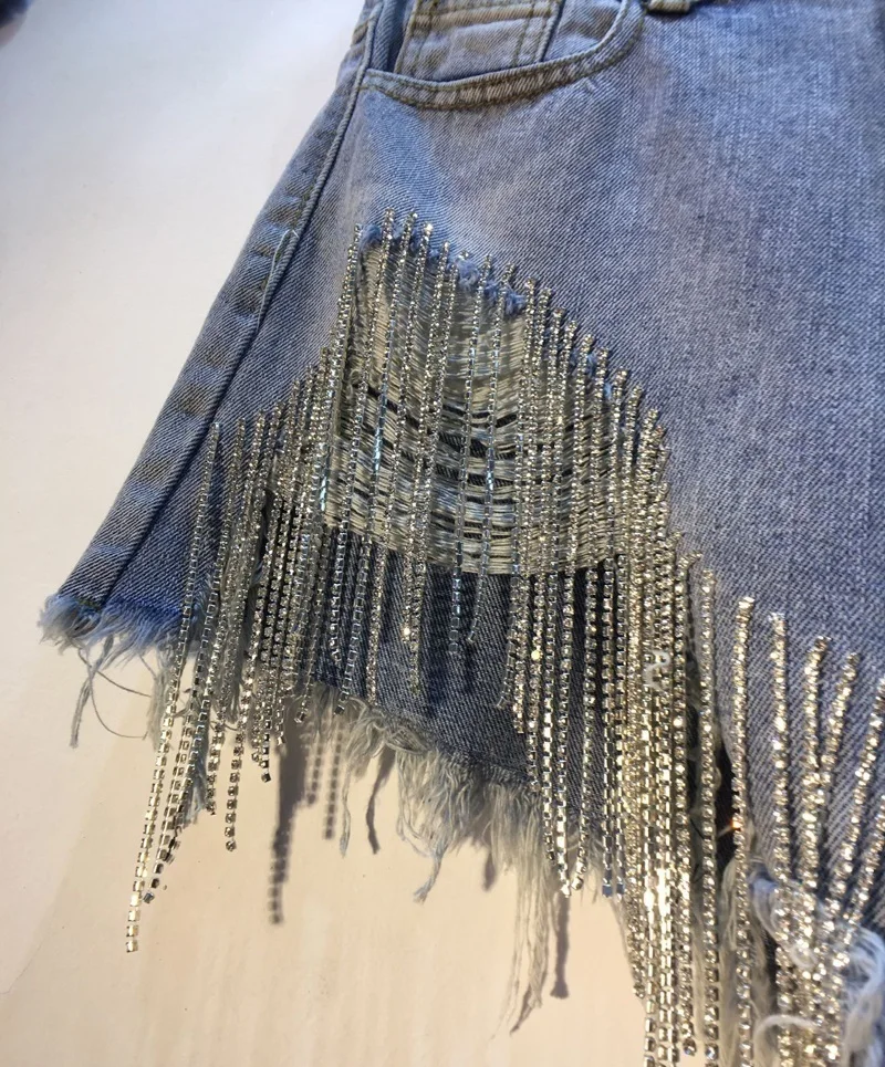 Fashion Rhinestone Heavy Tassels Nail Diamond Beads Korean High Waist Light Blue Denim Shorts Women Sexy Club Wear 2022 Summer