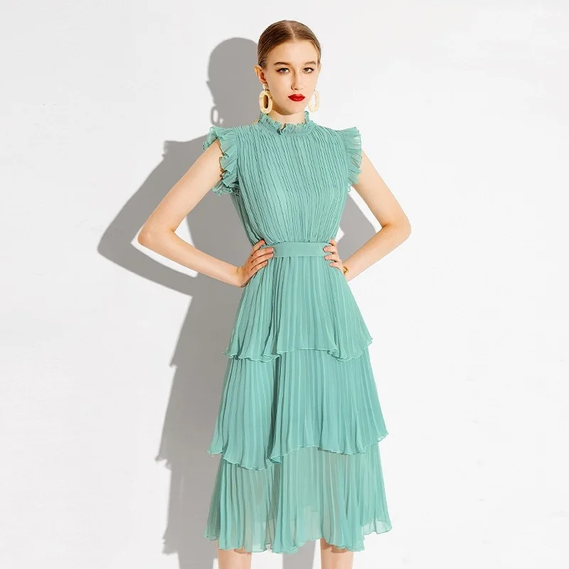 

Wind dress women's heavy industry crimp wood ear edge collar lace up waist thin Ruffle chiffon cake skirt