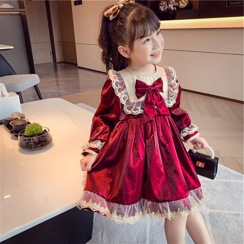 Girls Long-sleeved Wine Red Lolita Princess Dress Toddler Girl Fall Clothes 2022 Flower Girl Dresses  Girls Christmas Dress