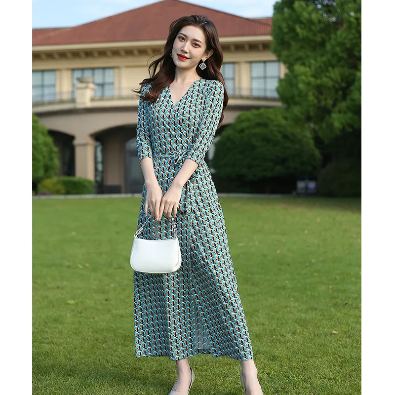 

End of summer break skirt new green printing long cultivate one's morality dress aristocratic temperament wrap dress