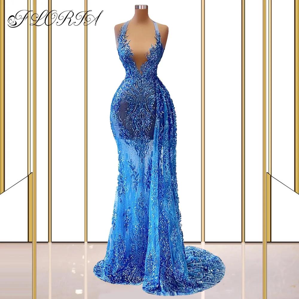 

Sexy Beaded Lace Blue Evening Dress Sheer Neck Apliques Flowers Mermaid Prom Dresses For Black Girls African Birthday Party Wear