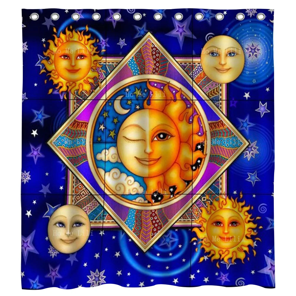 

The Face Of The Sun And Moon Against A Blue Starry Background Shower Curtain By Ho Me Lili For Bathroom Decor