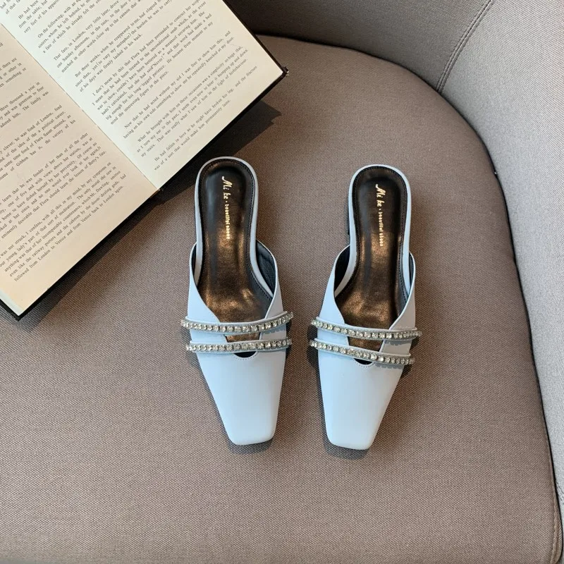 

Женские туфли тапки-слиперы низкие повседневные с квадратным носком, шлепанцы 2022, Роскошные блестящие туфли из римской ткани, со стразами, н...