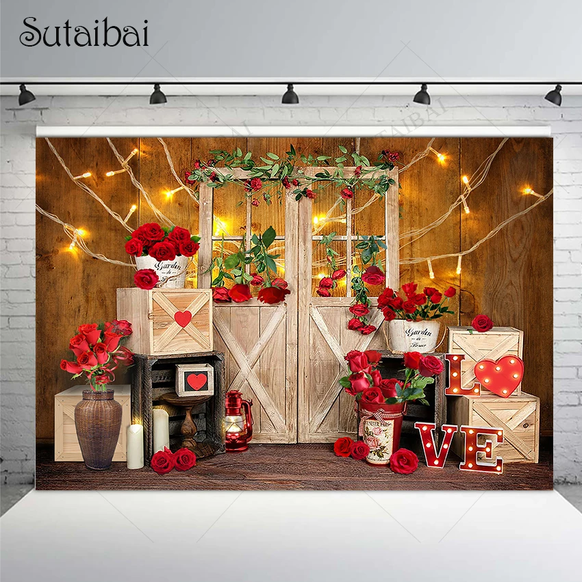 

Valentines Day Photography Backdrop Wooden Door Love Heart Flowers Decoration Photographic Background for Photo Studio Props
