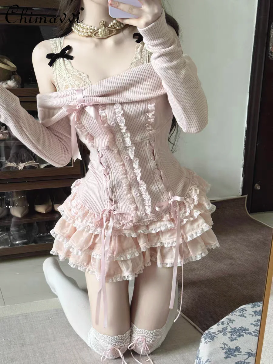 Милые комплекты юбок осенний новый бант в стиле Лолиты одно слово вязаный топ с