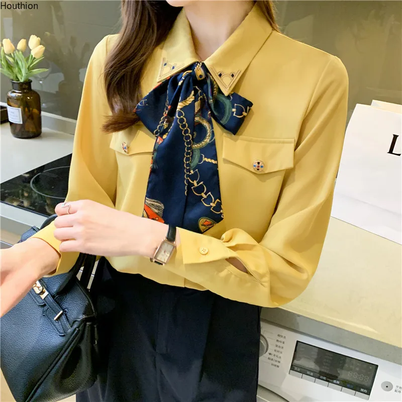 

Блузка-поло женская шифоновая с длинным рукавом и бантом