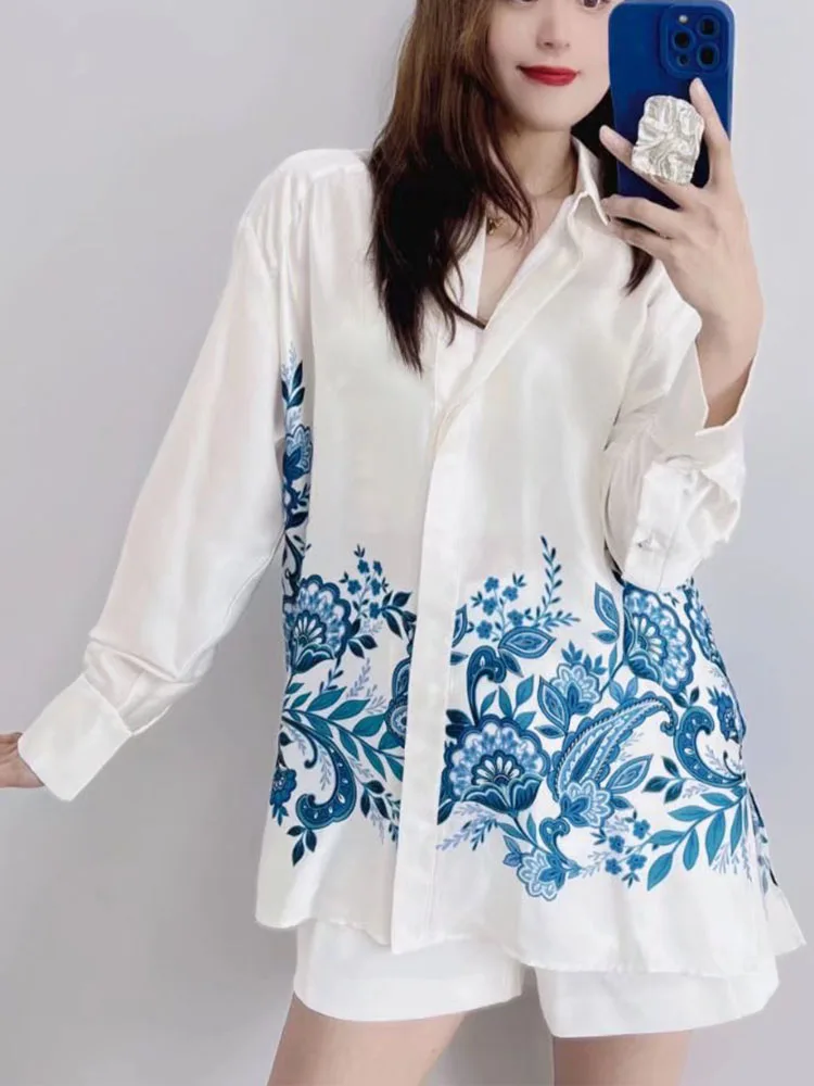 

Zach AiIsa spring new women's fashion retro temperament polo collar printed long-sleeved drape loose casual texture shirt