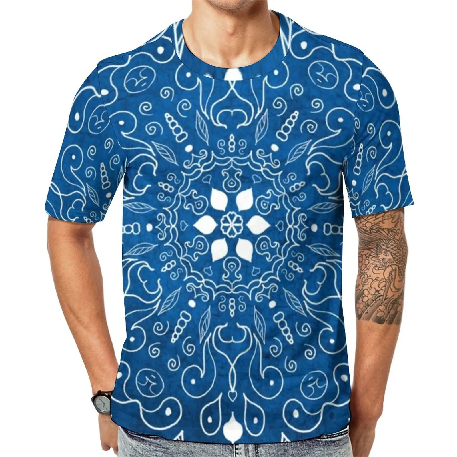 

Blue Mandala T-Shirt Retro Bohemia Print Hip Hop T Shirts Short Sleeve Print Tops Cheap Summer Essential Oversized Tees