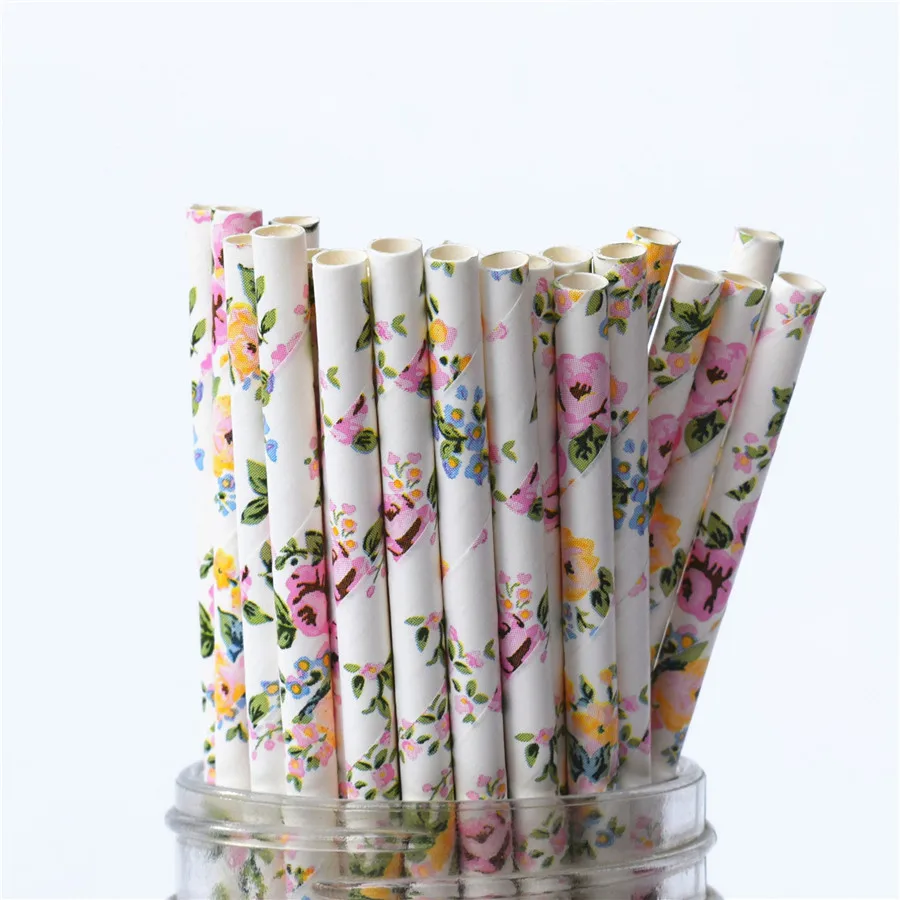 

25/50/100pcs Romantic Paper Straws Biodegradable Vintage Retro Floral Drinking Paper Straws Christmas Decoration Wedding Events