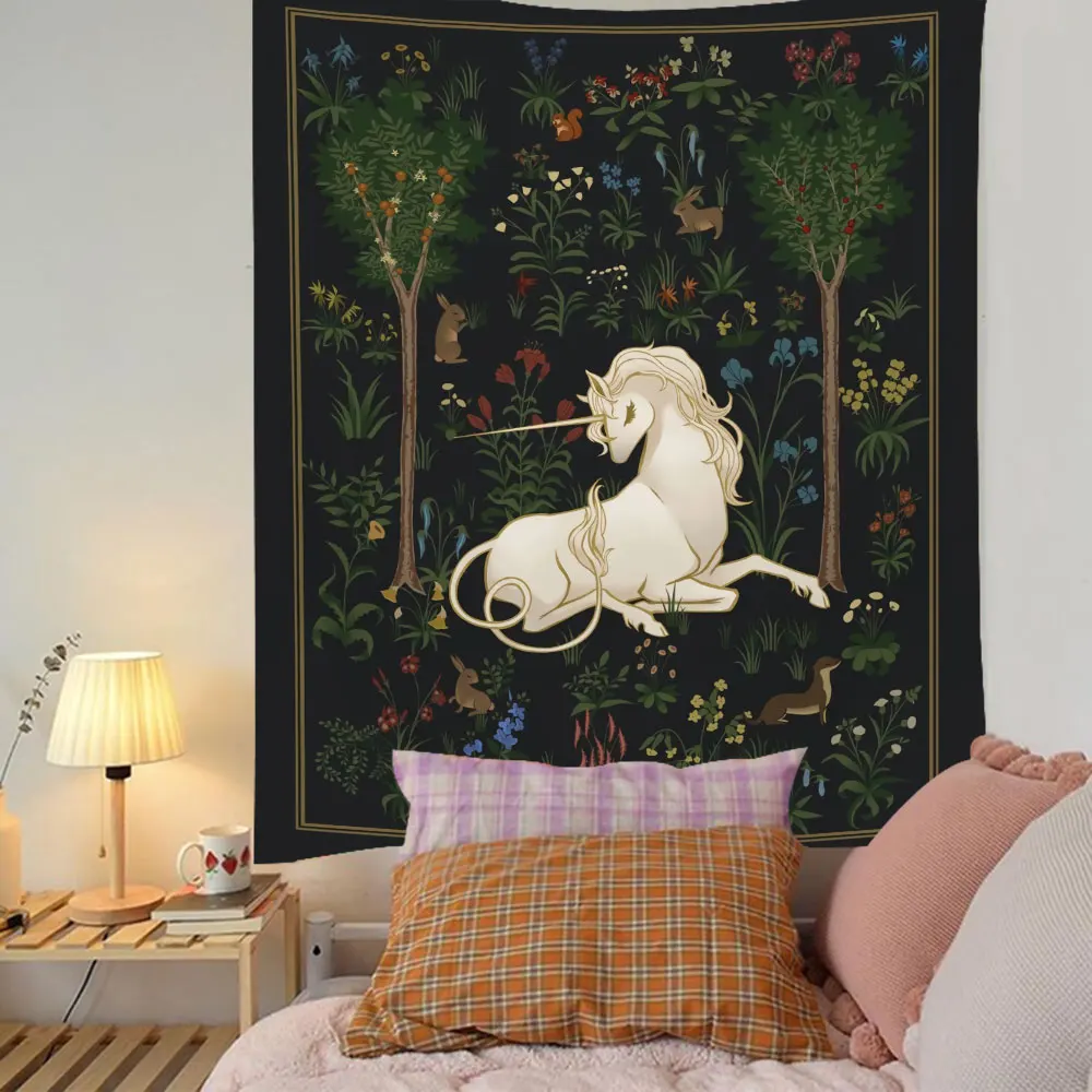 

Unicorn Tapestry Hangings Fantasy Forest Tree Plants Cartoon Wall Hanging Aesthetic Room Decoration Fairy Tale Anime Tapestries