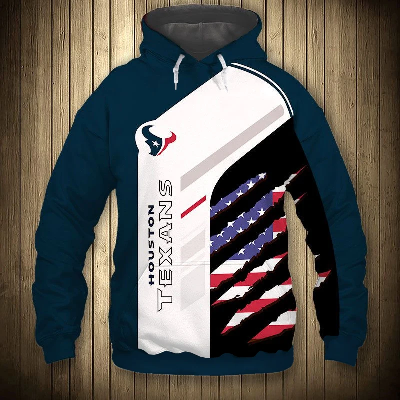 

Fashion Houston men's casual 3D sweatshirts Fun American flag red and blue stitching bull head print Texans hoodies