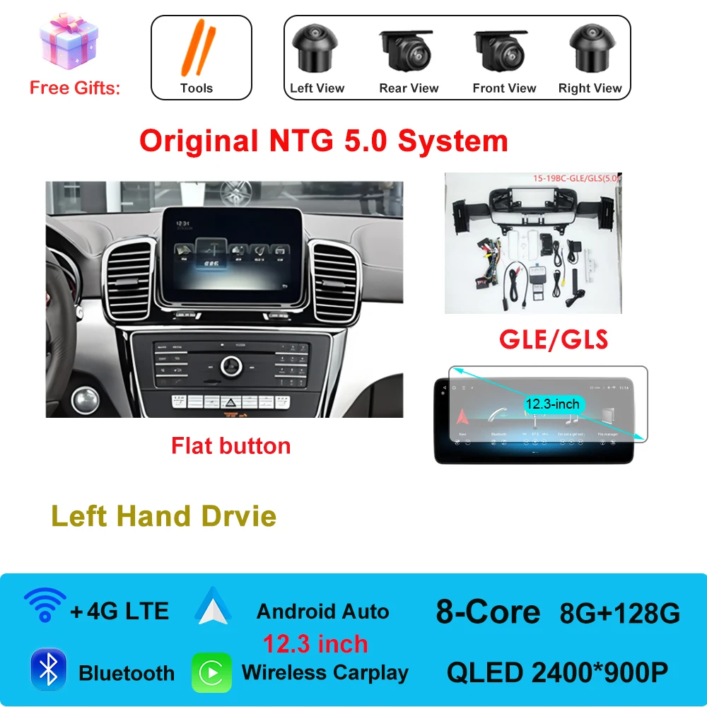 

Беспроводной CarPlay для Benz ML GL 2012-2014 Benz GLE GLS 2015-2019 Мультимедийный дисплей Сенсорный экран Android auto DVR 4G WIFI BT GPS