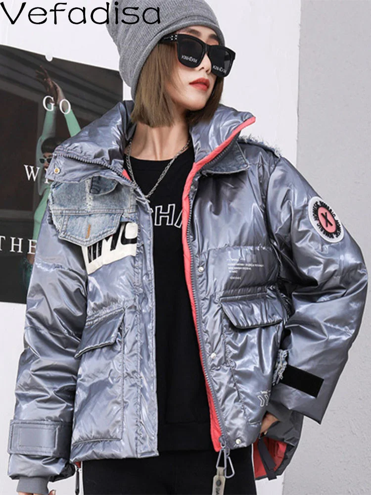 

Vefadisa 2023 Winter Denim Splicing Zipper Cardigan Down Coat Loose Thickening Patches Printing Down Jacket Women's Wear LHX3228