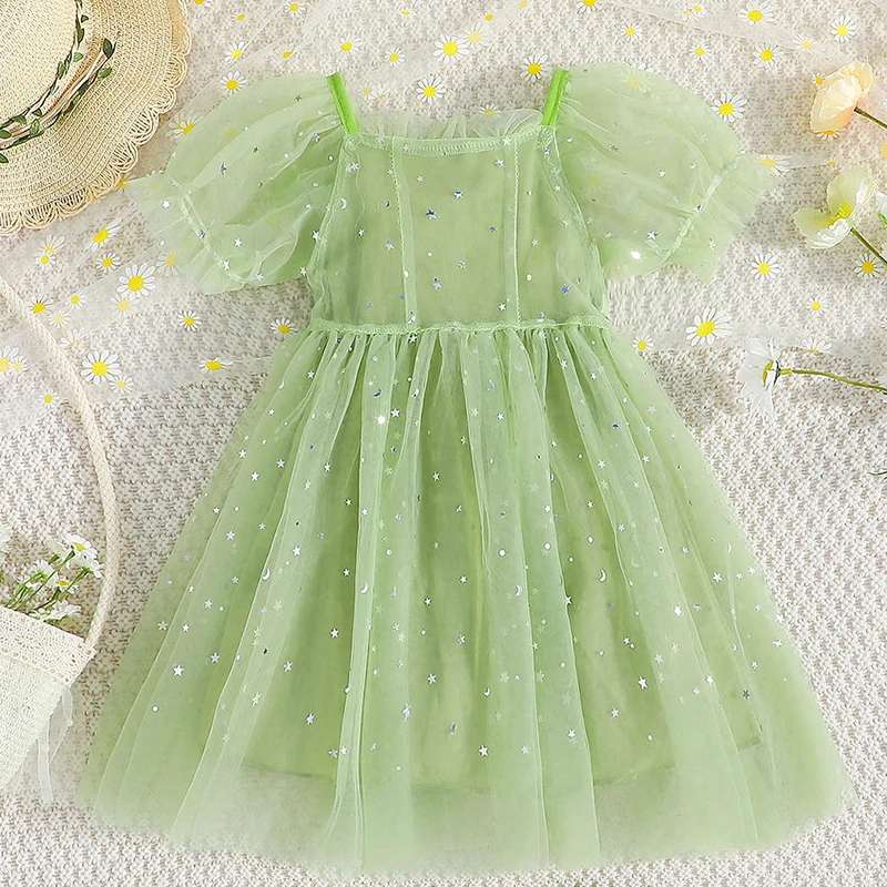 Summer Cute Mesh Toddler Kids Baby Girls Clothes Dresses Green Big Bow Sequin Princess Skirts for 1-8 Years Casual Wear Costumes