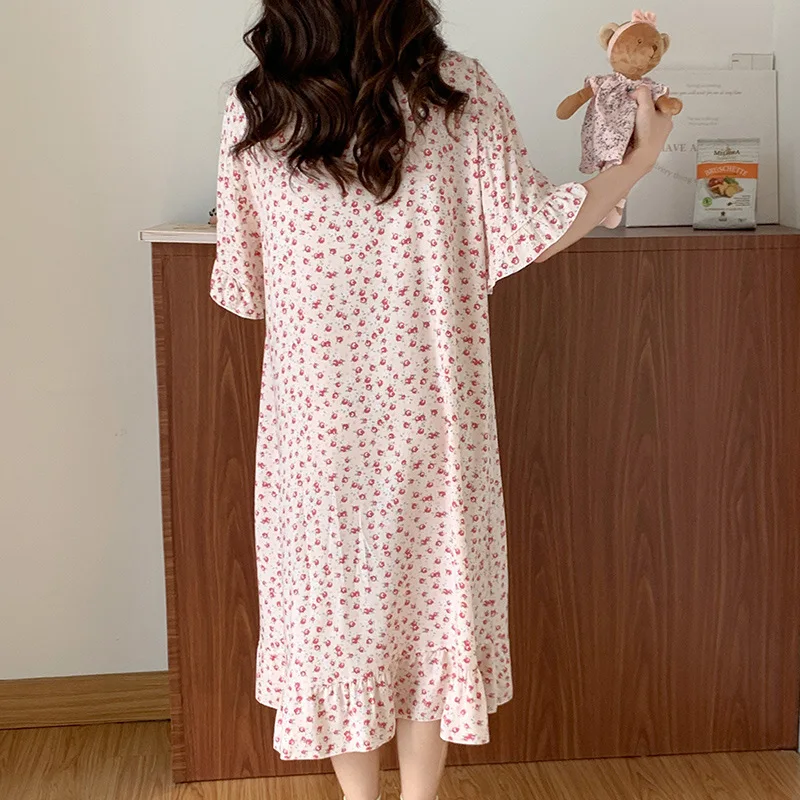 Summer Short Sleeve Loose Thin Young Lady Sweet Pajama V-Neck Floral Print Long Length Dress Cotton Leisure Ventilation Vestidos