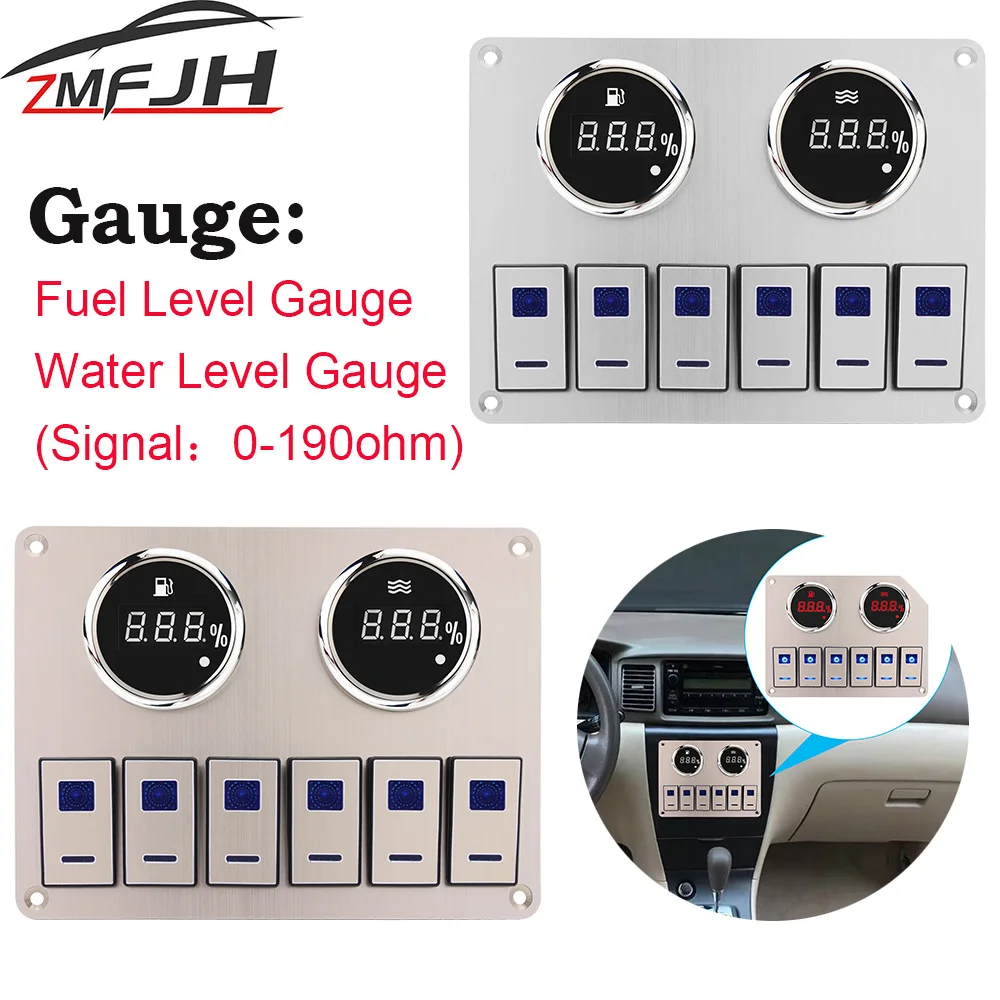 

AD Waterproof 52mm Fuel Level Gauge+Water Level Sensor+6 Gang Rocker Switch Pane Blue Indicator 0-190ohm For Marine Boat Car RV