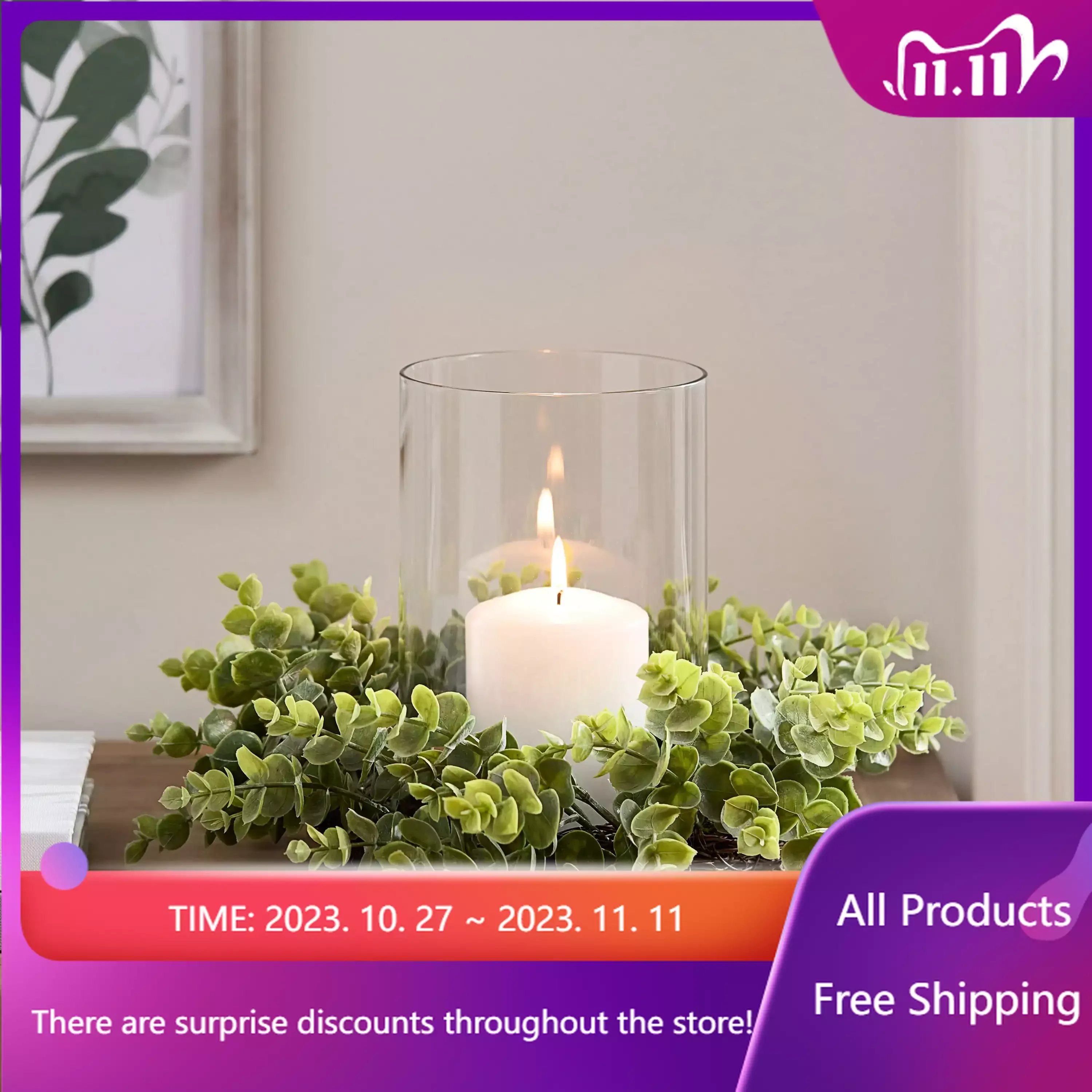 

Glass Hurricane Candleholder with Green Faux Eucalyptus and Rattan Ring