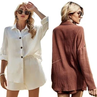casual suit womens summer new long sleeve white shirt top cotton linen shorts