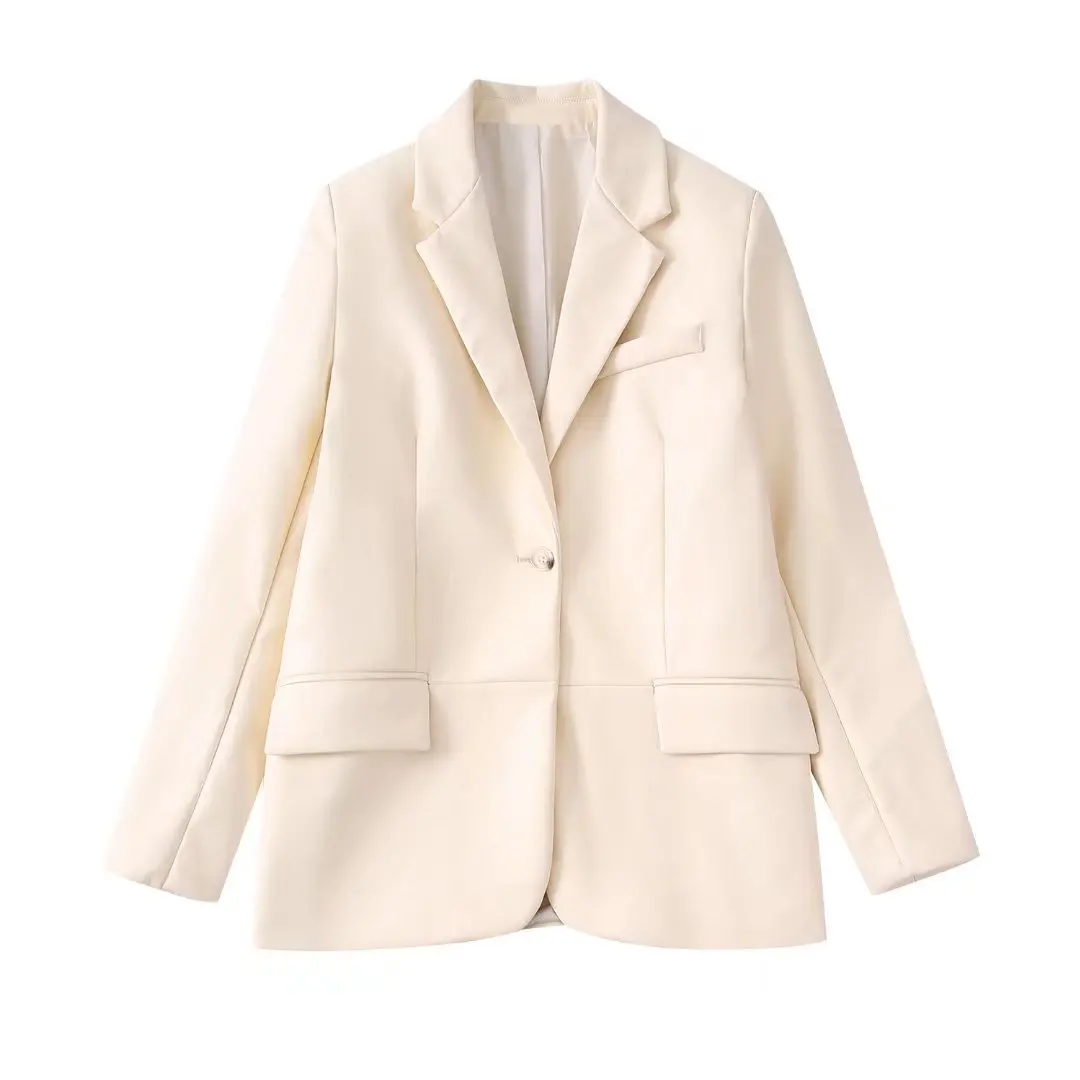 

2022 Women Fashion Single-Breasted Imitation Leather Blazer Coat Vintage Long Sleeve Flap Pockets Female Outerwear Chic Veste
