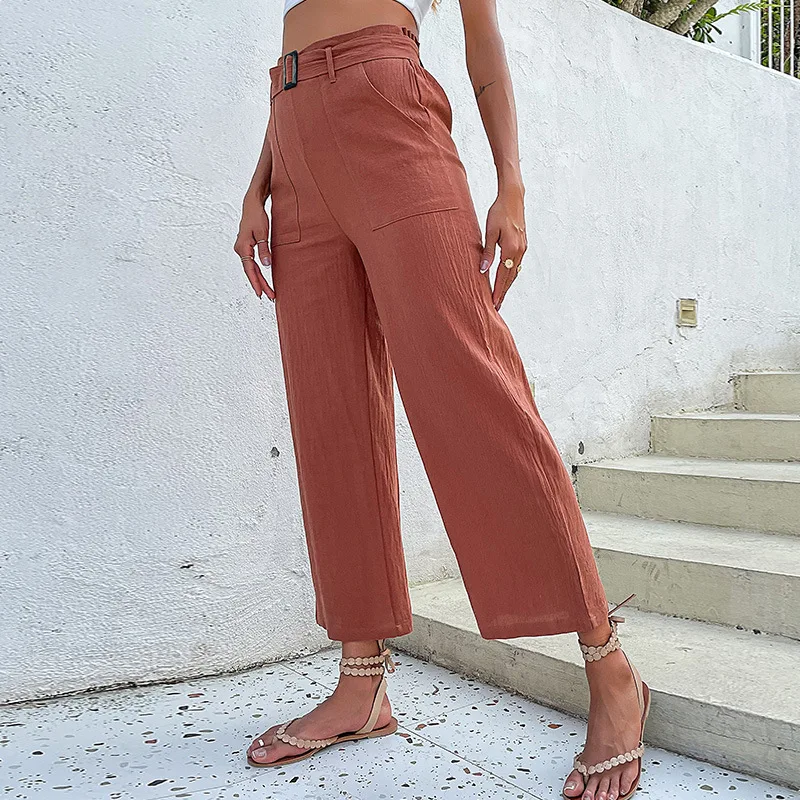 

2022 Red 100 Cotton Women Wide Leg Ankle-Length Pants High Waist Pockets Ladies Loose Casual Bottom Trousers Pants with Sashes
