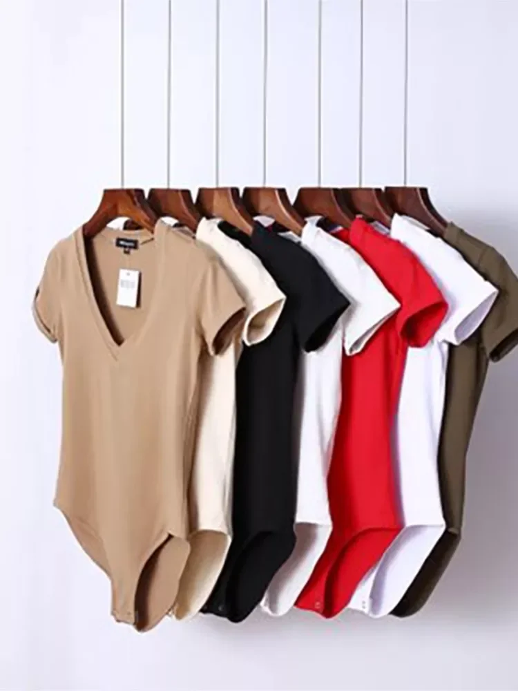 New Solid Color Sexy Big V-neck Slim Slimming One-Piece Short-Sleeved T-Shirt Women's One-Piece Retro Shirt Dropshipping