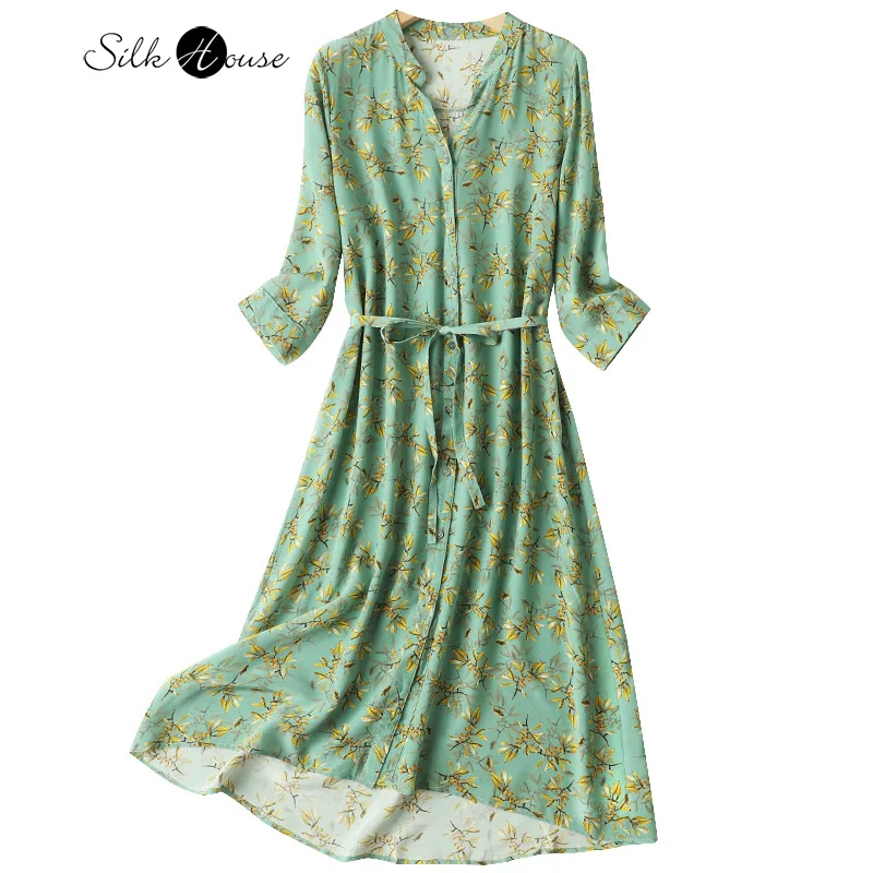 

2022 Women's Fashion Summer New Silk Dress Loose Temperament Print Medium Length 100%Natural Mulberry Silk V-neck Shirt Dress