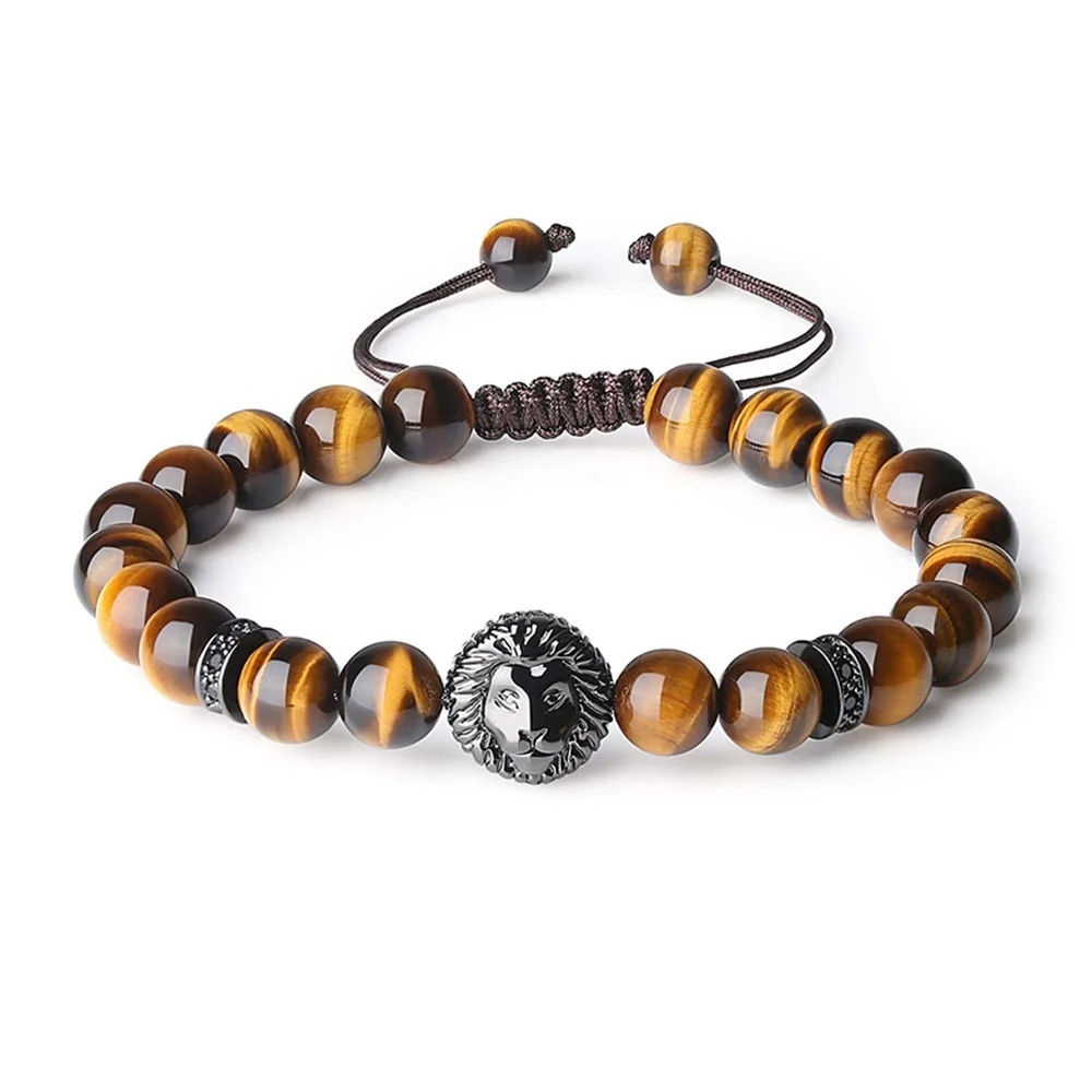 

2023 New Natural Stone Bracelet Vintage Lion Head Bracelet Handmade 8MM Natural Tiger Eyes Beaded Bracelet Men's Jewelry Gift