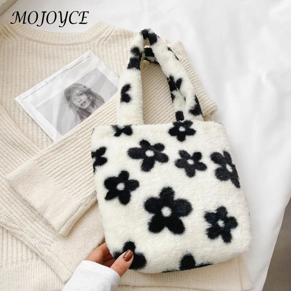 

Flower Printed Plush Handbag New Winter Fashion Shoulder Top-handle Bag Street Satchels Furry Fluffy Tote Women Underarm Bags