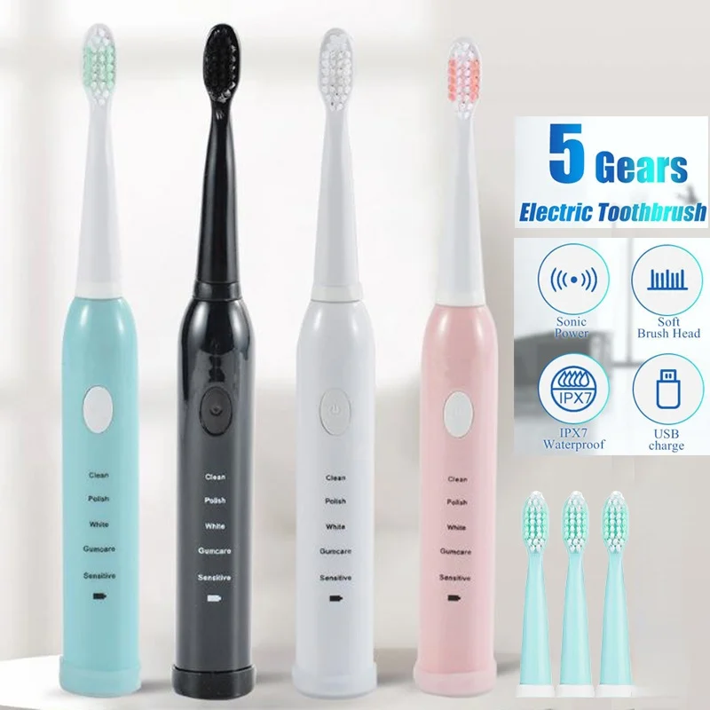 

Sonic Electric Toothbrush USB Rechargeable Adult Electric Toothbrush Waterproof Replacement Heads Teeth Whitening Brush
