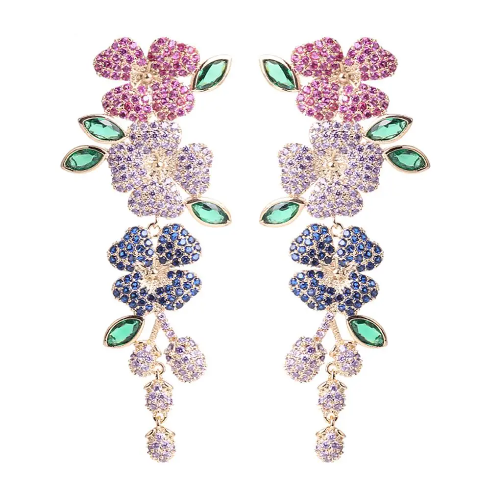 

Luxury Flower Long Earrings Beautiful Mini Zirconia Micro-inlay Leaves Earring Fashion Women Jewelry Bridal Drop Earrings
