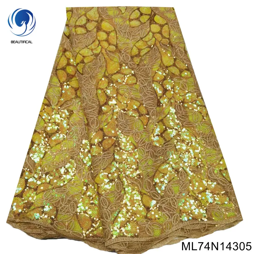 

Gorgeous Top Quality Gold African Trim Sequin Sewing Fabric and French tulle Lace Fabric for Wedding Dress ML74N143