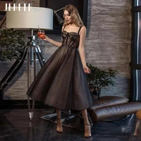 jeheth sexy short black prom dresses 2022 polka dot tea length lace tulle evening party gown spaghetti strap backless lace up ba