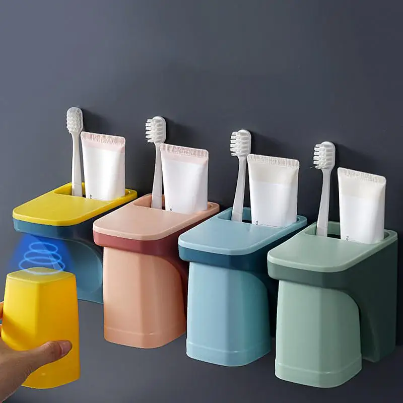 

Portable Toothbrush Cup Holder Wall Mount No Trace Gargle Cup Family Storage Rack Anti-dust Draining Mug Bathroom Accessories