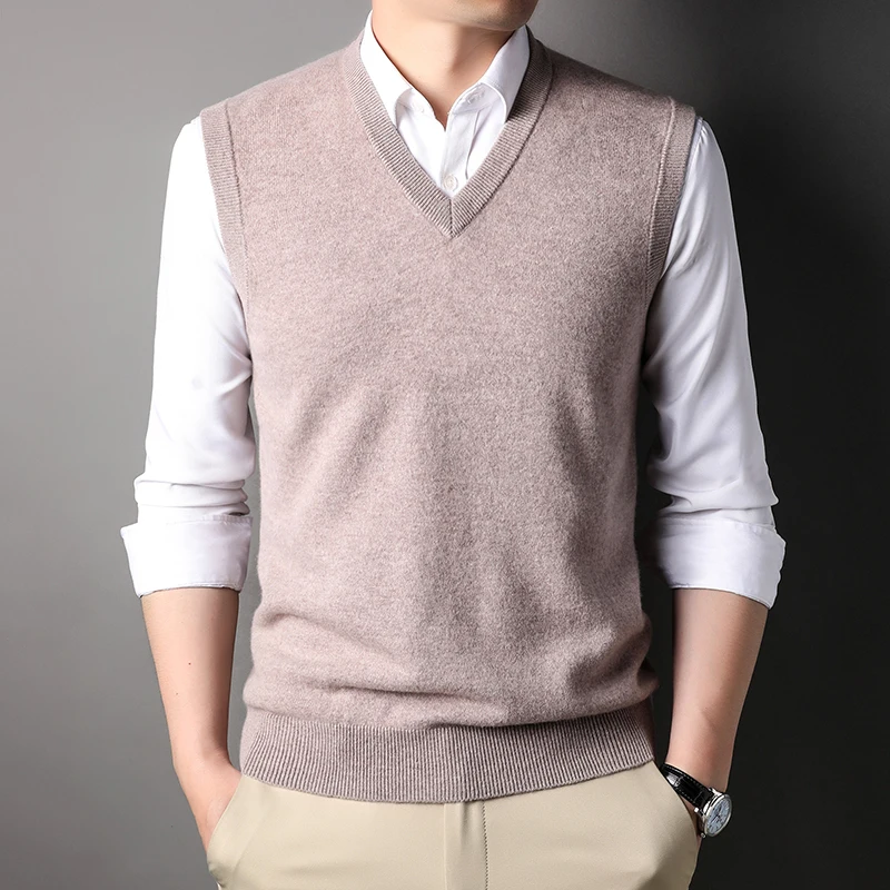 

[Pure Wool Vest] Fall Winter Men New V-neck Sweater Vest Business Leisure Warm Base Cardigan
