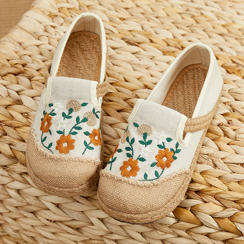

Women Linen Canvas Shoes Retro Bohemian Slip-On Flat Comfortable Loafers Ladies Casual Embroidered Hemp Sole Sneakers