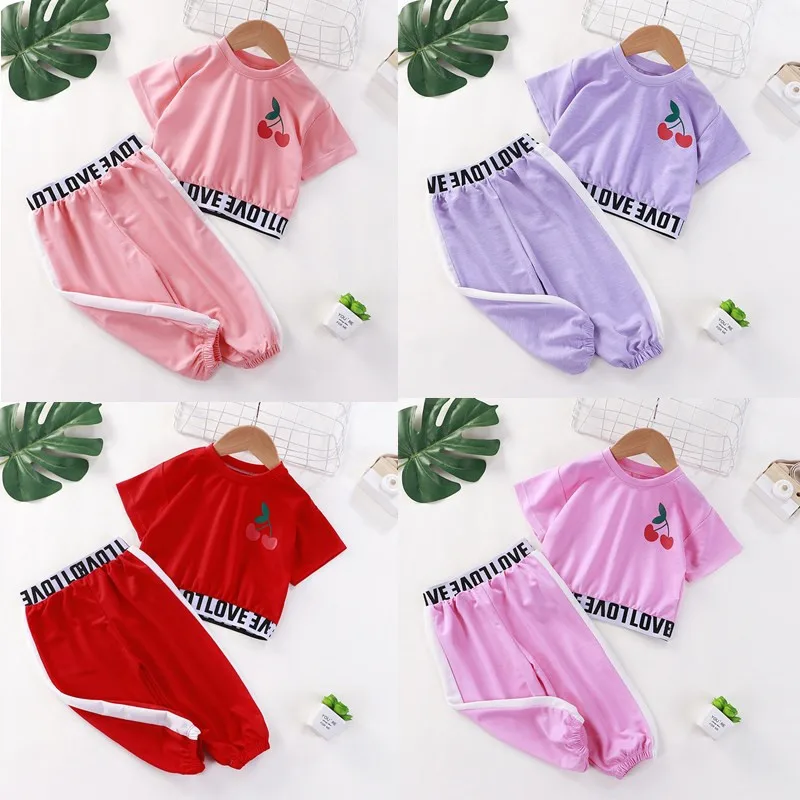 

Children's summer short sleeve Suit Girls' leisure foreign style suit leakage belly button new baby fashionable two-piece set