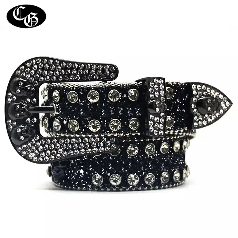 Goth Western Black Rhinestone Skull Belts For Woman Man Crystal Studded Diamond Bling Leather Strap Cinturones Para Mujer Jeans