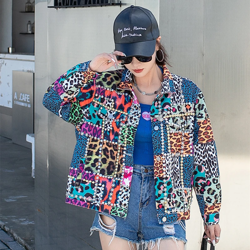 

Fashion Rivet Beaded Leopard Print Women Short Denim Jacket Spring Autumn Long Sleeve Jeans Jacket Coat Female Casual Streetwear