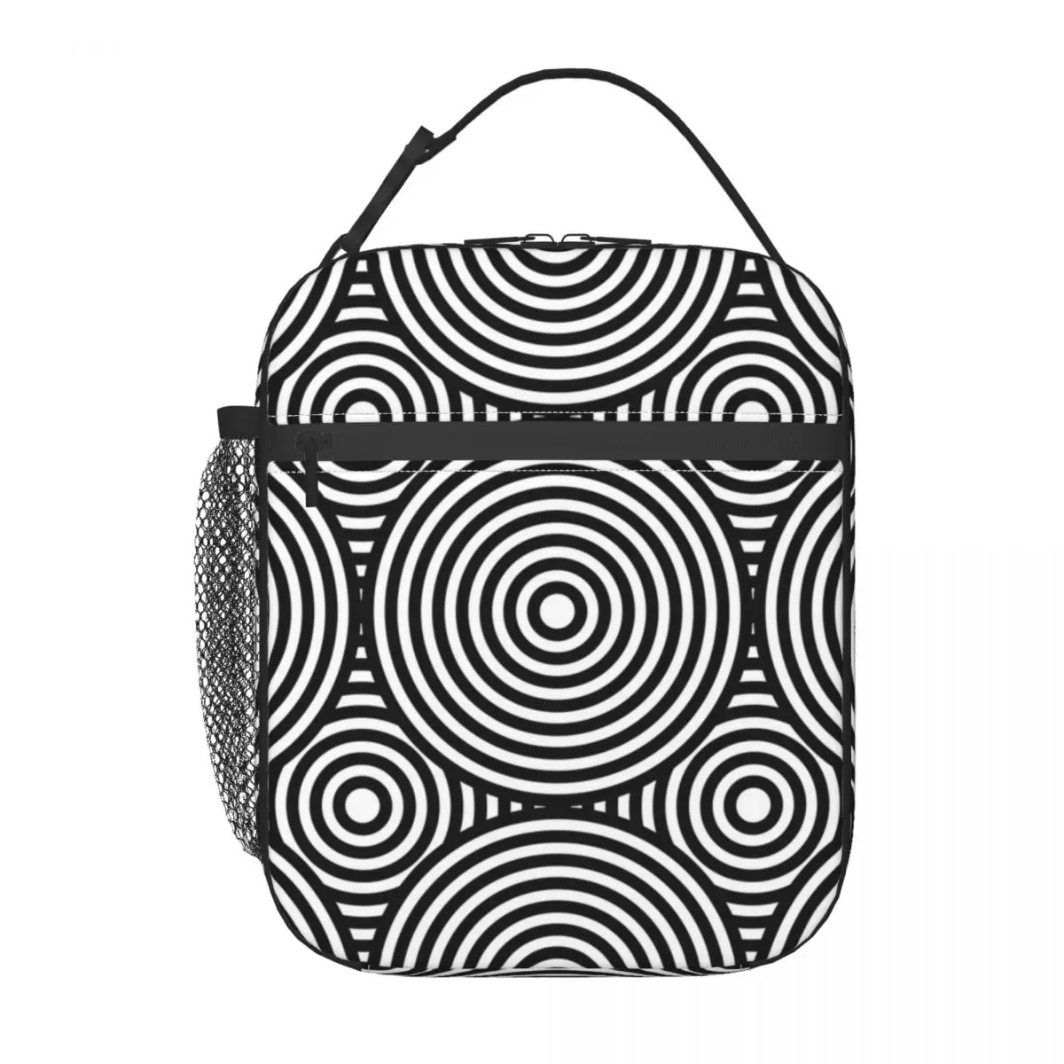 

Retro Mod Circles Lunch Bag with Handle Black And White Cute Mesh Pocket Cooler Bag Carry Office Food Thermal Bag