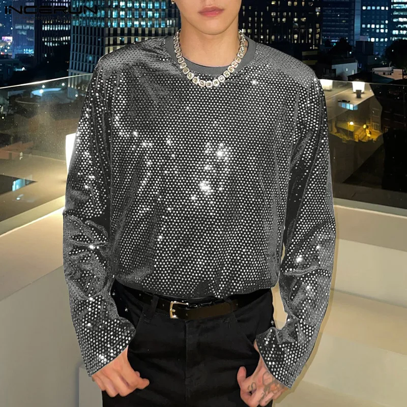 

Футболка INCERUN Мужская блестящая составного кроя, с круглым вырезом и длинным рукавом