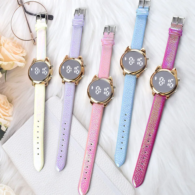 

Sanrio Hello Kitty Cartoon Anime Image Mirror Watch Circular Electroplate Electronic Watch Kid Wholesale of Gifts