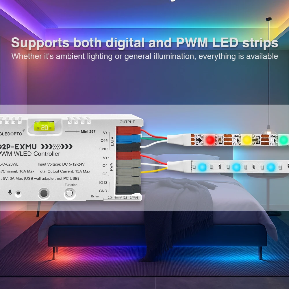 Фото Контроллер GLEDOPTO 1D2P-EXMU Digital+PWM WLED Elite Series ESP32 для светодиодных лент с Ethernet, синхронизацией музыки и поддержкой Alexa Smart Lighting №2