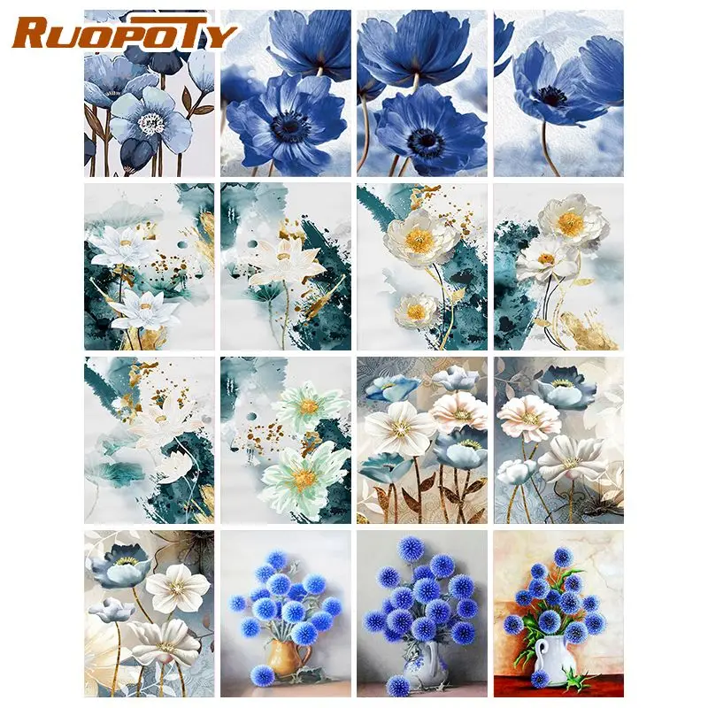 

RUOPOTY Interior Paint By Numbers Blue Flowers Drawing On Canvas Paintings By Number Diy Painting Home Decor