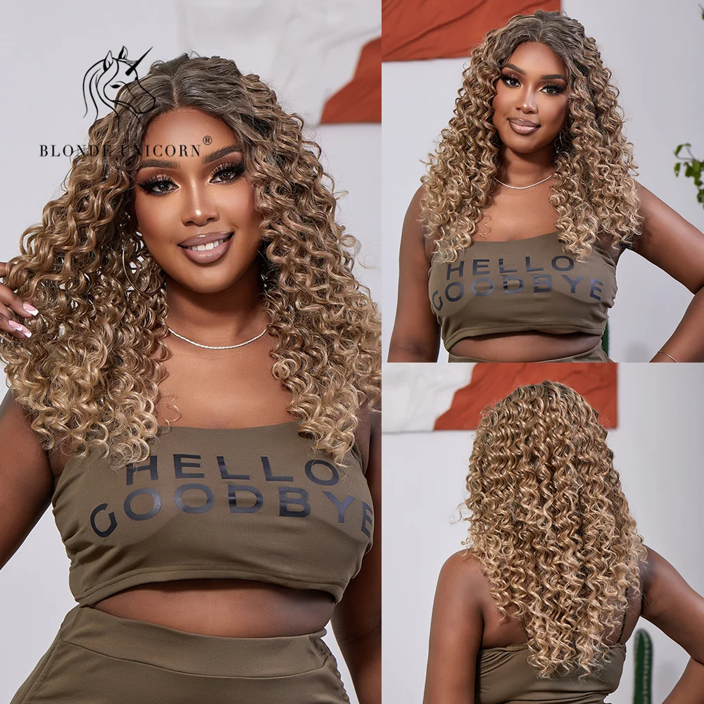 

Blonde Unicorn Lace Front Ombre Brown Synthetic Wig Medium Long Curly Hair Wigs for Women Heat Resistant Daliy Party Use