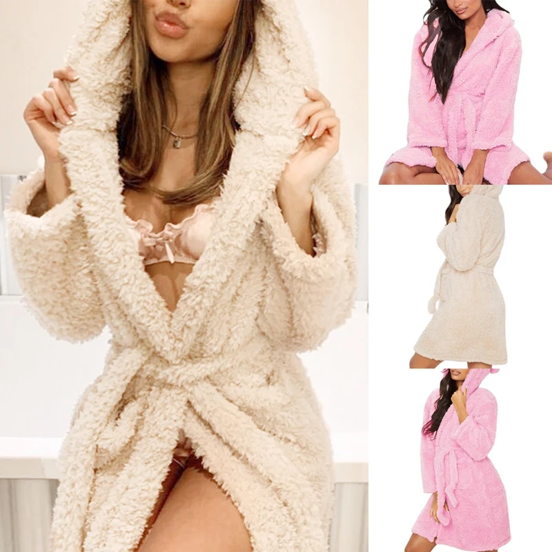 

Женский фланелевый Халат с капюшоном, однотонный ночной халат с длинным рукавом и милыми ушками, Осень-зима