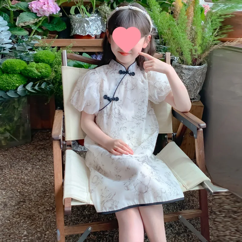 sukienka dla dziewczynki spódnica dziecięca dziewczęca z tuszem 2024 nowy chiński styl narodowy Retro dziewczyny letnie sukienki moda lato